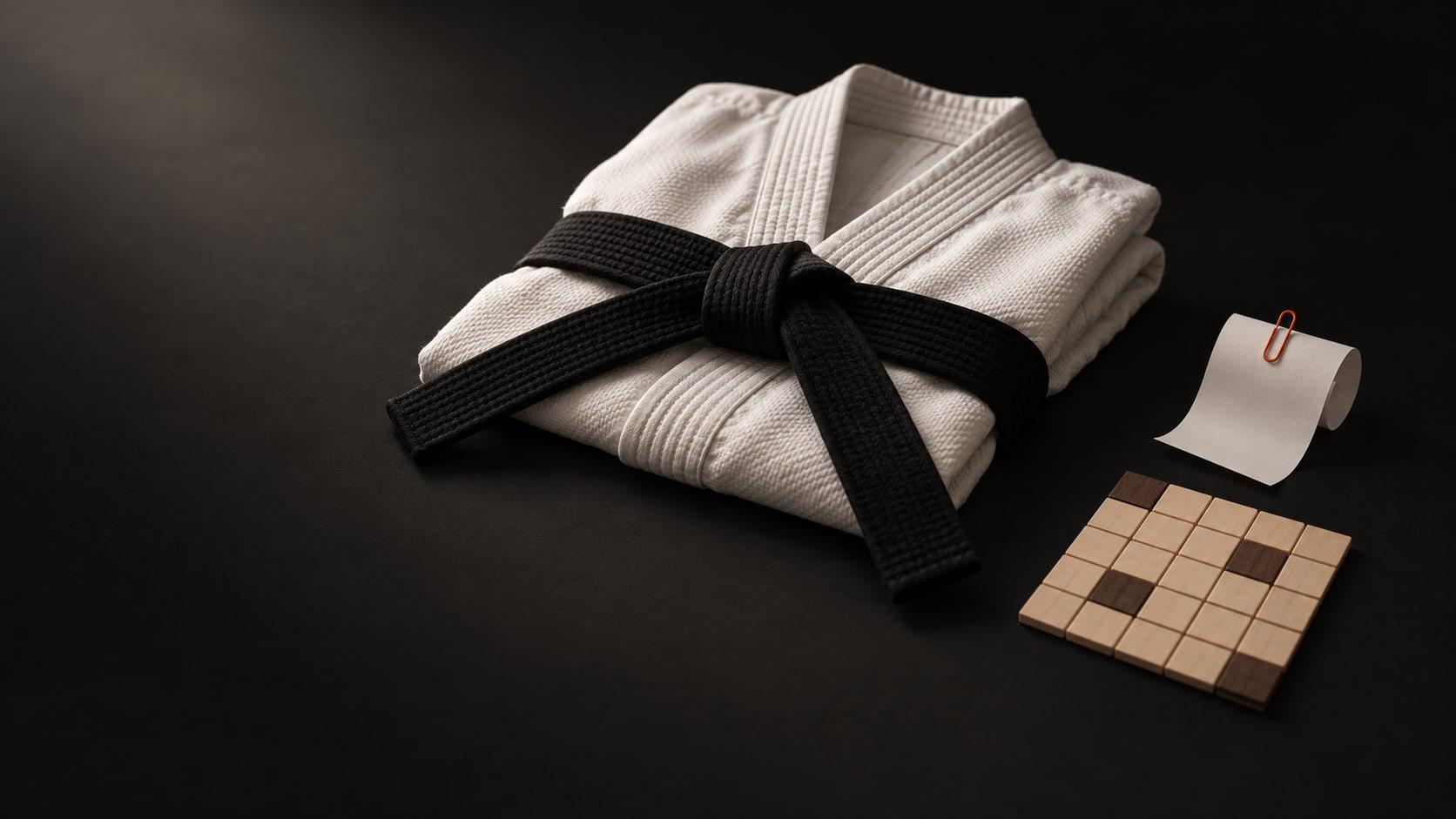 Fee Management System: a folded judo uniform with a black belt beside a calendar of wooden tiles and a clipped receipt