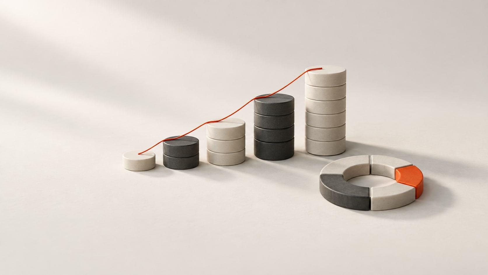 FinTrack: stacked ceramic coins forming a bar chart beside a segmented ring, traced by an orange line