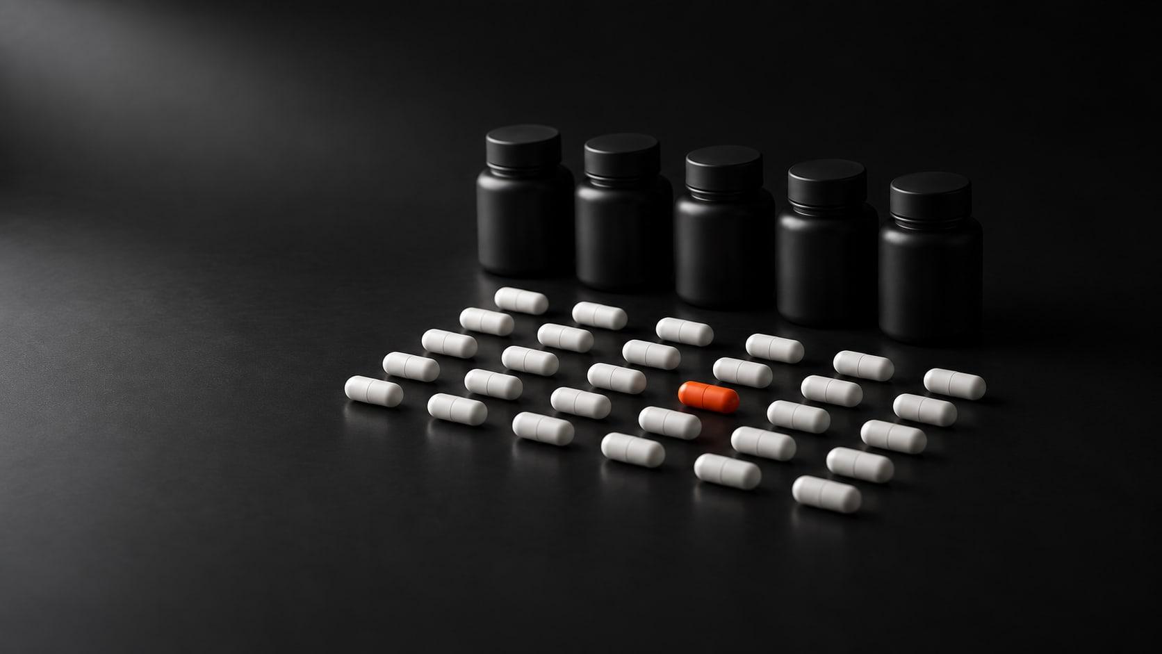 SmartMed: white capsules in a grid before a row of black medicine bottles, one capsule orange
