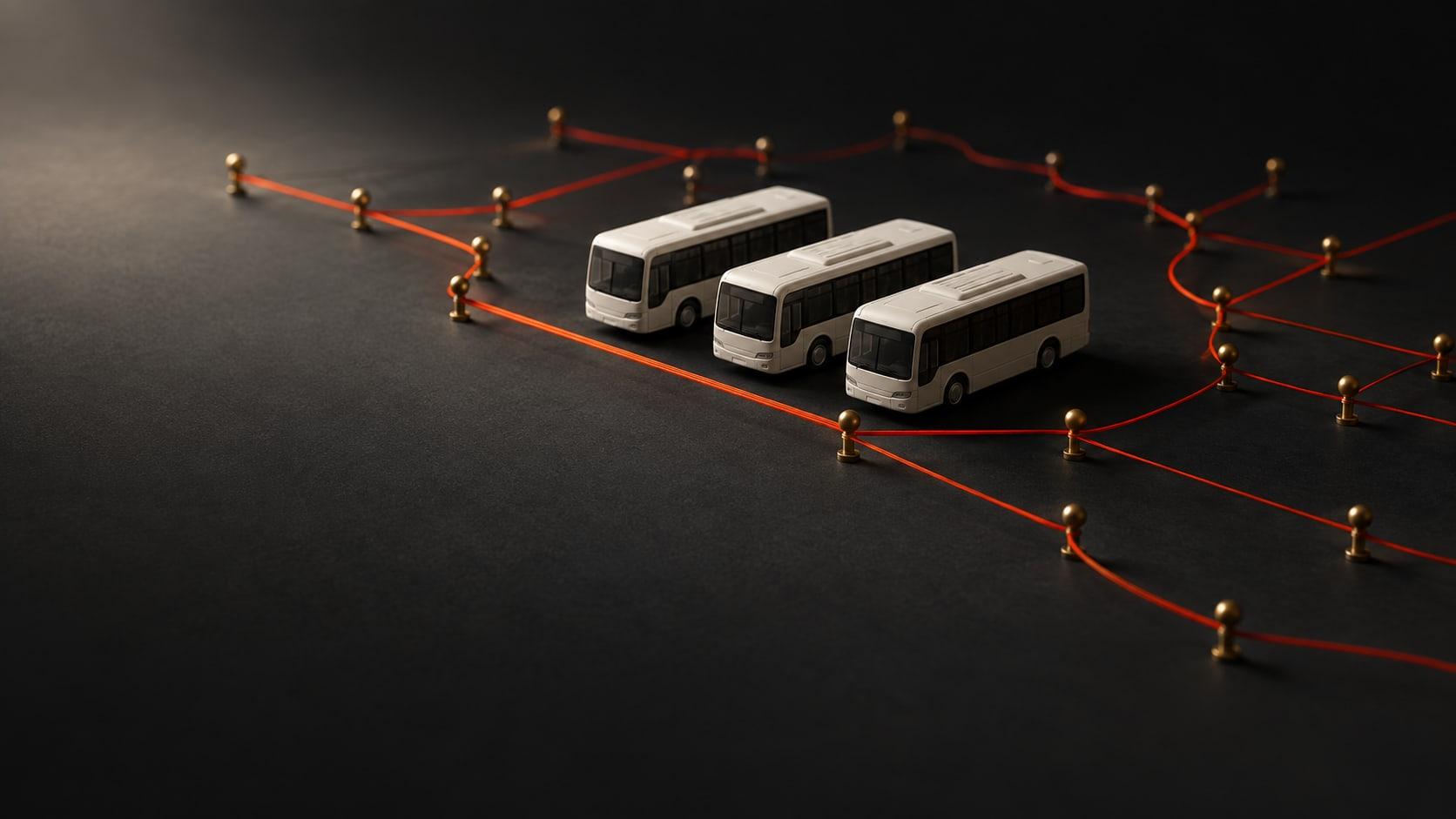 SRMSS: three model buses in a depot, surrounded by orange route threads strung between brass pins