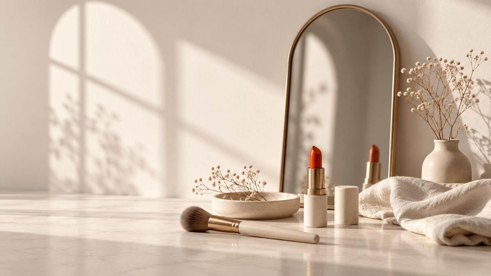 Velora: an arched brass mirror with a makeup brush, ceramic dish and an orange lipstick