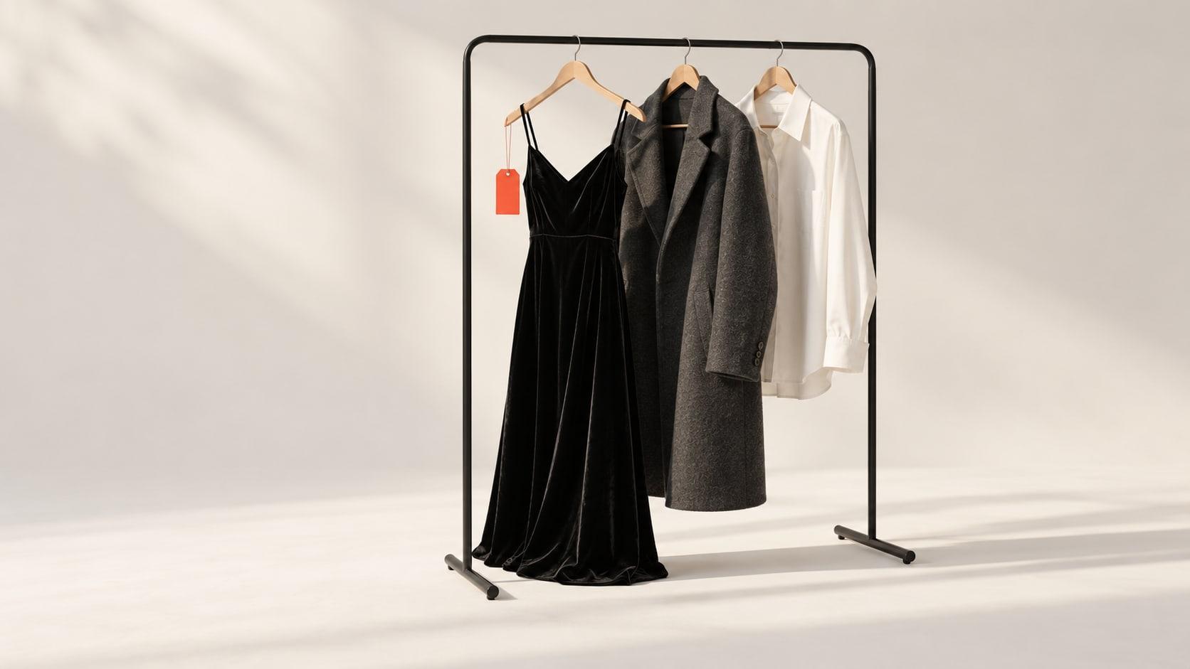 Velvet Vogue: a velvet dress, wool coat and white shirt on a clothing rail, with an orange price tag